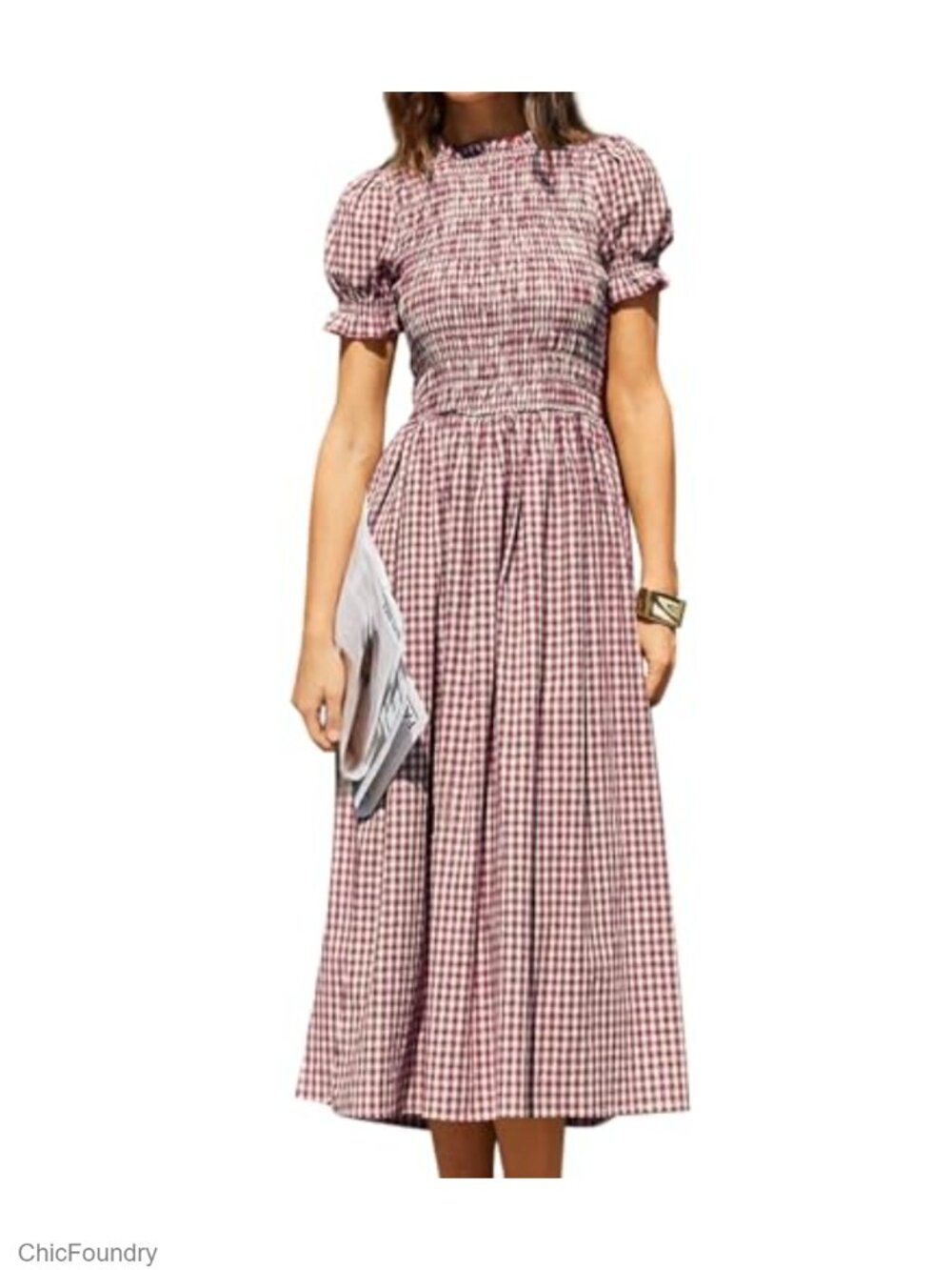 RIHOAS Plaid Gingham Midi Dress Short Sleeve Smocked Cotton